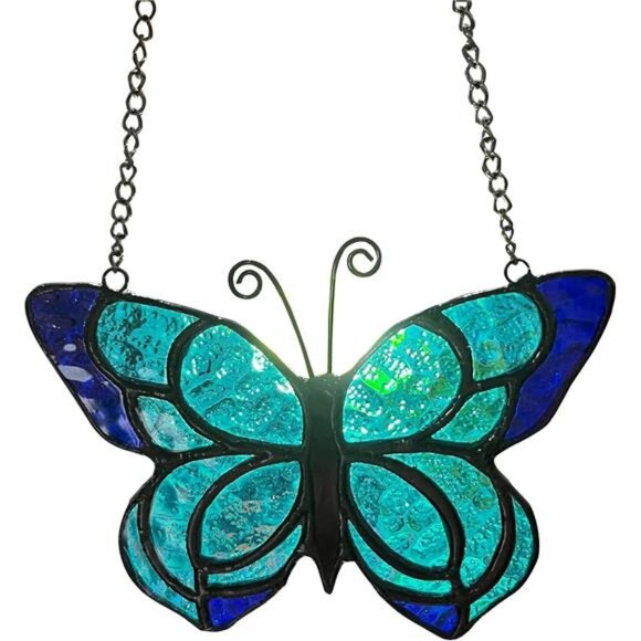 Blue Butterfly Suncatcher Stained Glass Window Hanging Panel Christmas